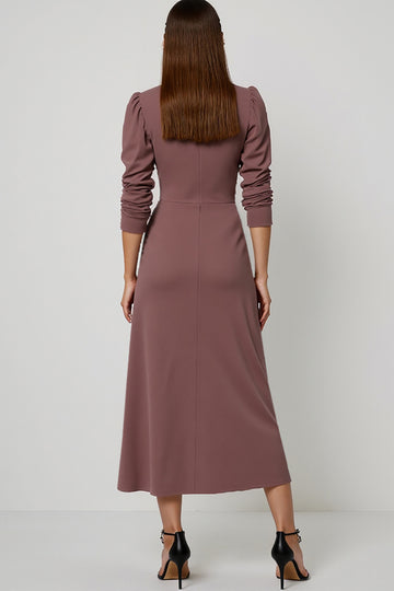 Grey Purple A Line Satin Keyhole Semi Formal Dress with Sleeves